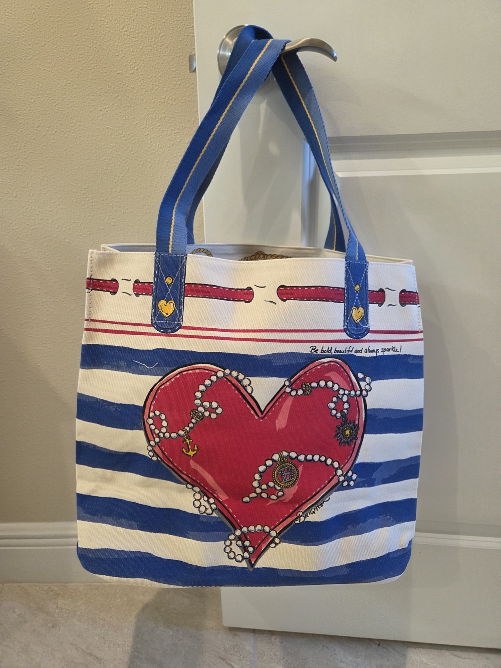 Striped New With Tags 'Love' Canvas Tote with Blue Handles - Picture 4 of 6